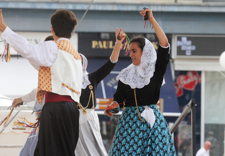 Members of folk group Escola de ball de bot Calabruix from Mallorca, Spain during the 50th International Folklore Festival in center of Zagreb, Croatia on July 22, 2016のeditorial素材