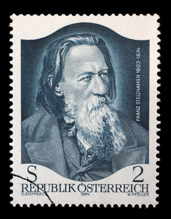 Stamp printed by Austria, shows Franz Stelzhamer, 100th Anniversary of the Death, circa 1974のeditorial素材