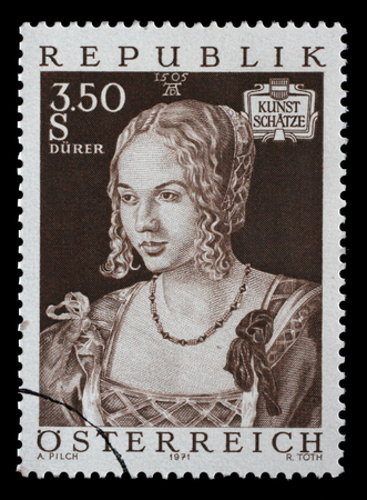 Stamp printed by Austria, shows Art Treasures in Austria, Venice Girl by Albrecht Durer, circa 1971のeditorial素材