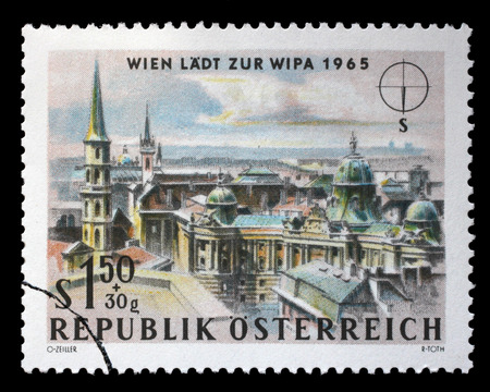 Stamp printed in Austria, is dedicated to the Vienna International Philatelic Exhibition, shows St. Michael's Church (Michaelerkirche) and Hofburg Palace, Vienna, circa 1964のeditorial素材