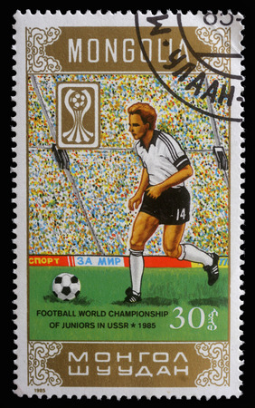 Stamp printed in Mongolia showing Football World Championship of juniors in USSR circa 1985のeditorial素材