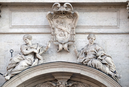 Coat of arms of Cardinal Francesco Peretti on the portal of Sant Andrea della Valle Church in Rome, Italyの写真素材