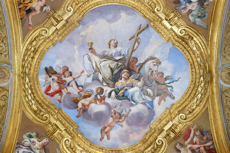 The fresco of virtues on the little cupola of side nave in Basilica dei Santi Ambrogio e Carlo al Corso by Pio Paolini from (1678 - 81), Rome, Italyのeditorial素材