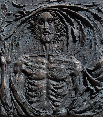 The Resurrection of Jesus bronze relief by Fernando Mario Paonessa (2000) in Basilica dei Santi Ambrogio e Carlo al Corso, Rome, Italyのeditorial素材