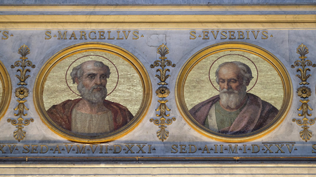 The icon on the dome with the image of Pope Marcellus and Eusebius, the basilica of Saint Paul Outside the Walls, Rome, Italyのeditorial素材