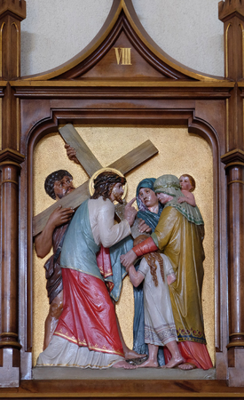 8th Stations of the Cross, Jesus meets the daughters of Jerusalem, Mother Teresa cathedral in Vau i Dejes, Albaniaのeditorial素材