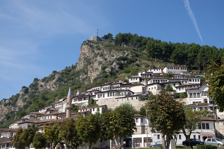 Traditional ottoman houses in old town Berat known as the White City of Albaniaのeditorial素材