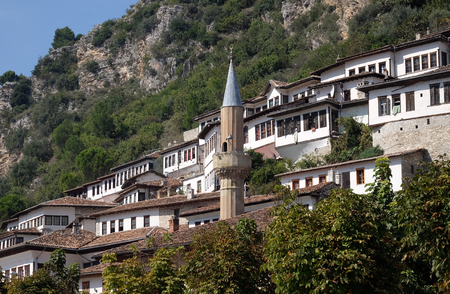 Traditional ottoman houses in old town Berat known as the White City of Albaniaのeditorial素材