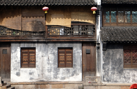 Traditional houses along the Grand Canal, ancient town of Yuehe in Jiaxing, Zhejiang Province, Chinaのeditorial素材