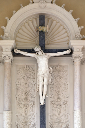 Catholic graves tombstones with cross, Mirogoj cemetery in Zagreb, Croatiaのeditorial素材