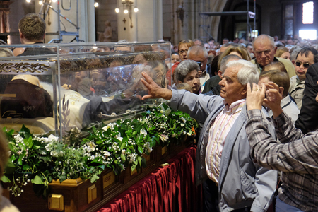 Worshippers gather to look at the relics of St. Leopold Mandic in Zagreb cathedral, Zagreb, Croatia