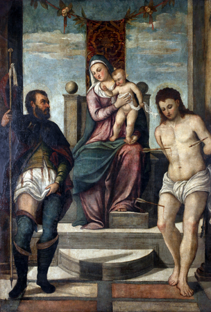 Tiziano Vecellio follower: Madonna and Child on the throne with St. Roch and St. Sebastianのeditorial素材
