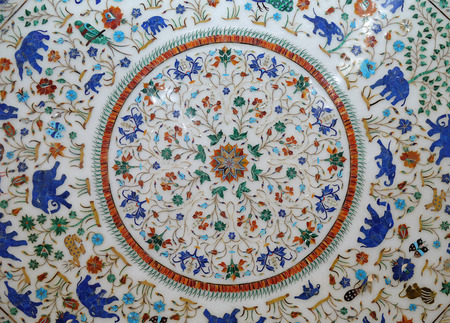 Traditional colorful floral marble tabletops for sale in Agra, Uttar Pradesh, Indiaの写真素材