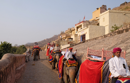Decorated elephants carrying tourists at Amber Fort in Jaipur, Rajasthan, India, on February, 16, 2016.のeditorial素材