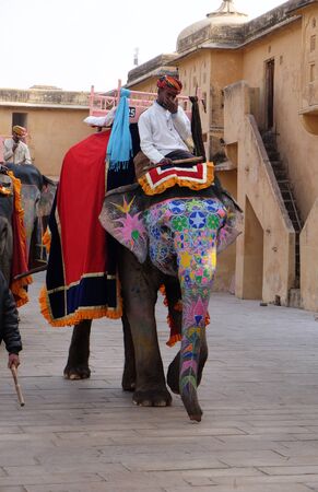Decorated elephants carrying tourists at Amber Fort in Jaipur, Rajasthan, Indiaのeditorial素材