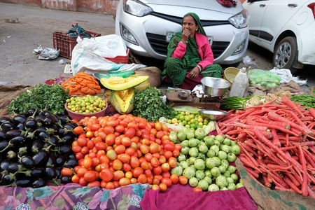 Indian women in brightly colored saris selling fruit and vegetables by the side of the road in Jaipur, Rajasthan, India on February 16, 2016.のeditorial素材
