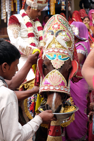 Young groom on a horse leads the wedding party to the bride's house in Pushkar, Rajasthan, India on February 17, 2016.のeditorial素材