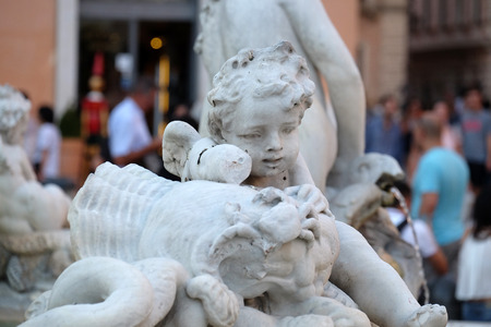 Piazza Navona, Fountain figure, sea figure with cherub in the Fountain of Neptune in Rome, Italy on September 02, 2016.のeditorial素材