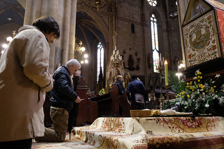 The crucifix in front of God's tomb, was exhibited on Holy Saturday and prepared for veneration in...