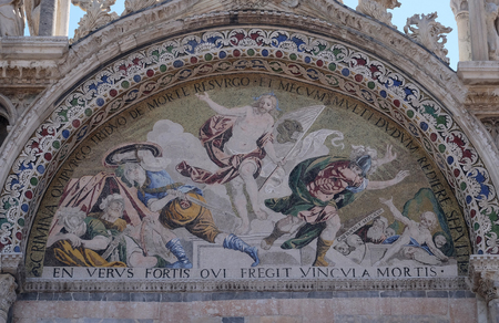 Resurrection, mosaic on the upper right arch of the facade of St. Mark's Basilica, St. Mark's Square, Venice, Italy, UNESCO World Heritage Sitesのeditorial素材