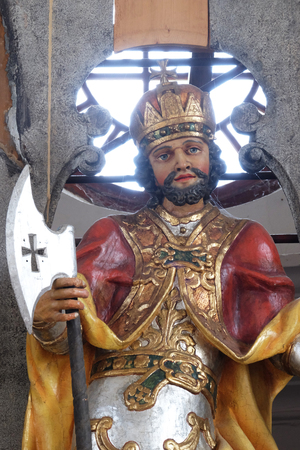 Statue of Saint Ladislaus on the main altar in the Church of Assumption of the Virgin Mary in Pokupsko, Croatiaのeditorial素材