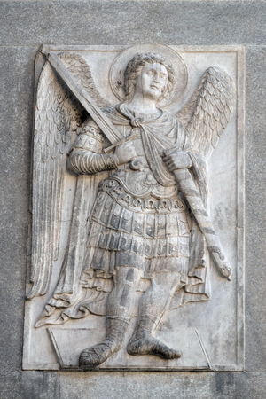 Relief depicting Archangel Michael, facade detail of St. Mark's Basilica, St. Mark's Square, Venice, Italyのeditorial素材