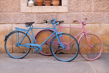 Bicycle leaning against the wall in Novigrad, Croatiaの写真素材