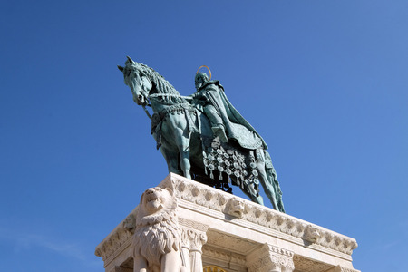 Equestrian statue of King Saint Stephen at the Fishermans Bastion on the Castle hill  in Budapest,...