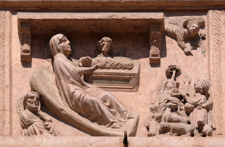 Birth of Jesus, relief on Facade of Saint Anastasia Church in Verona, Italyの写真素材