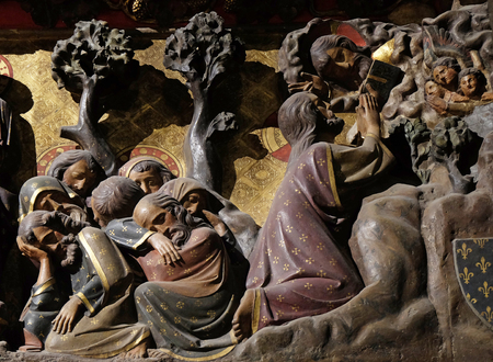 Intricately carved and painted frieze inside Notre Dame Cathedral depicting Agony in the Garden, Jesus in the Garden of Gethsemane, UNESCO World Heritage Site in Parisのeditorial素材