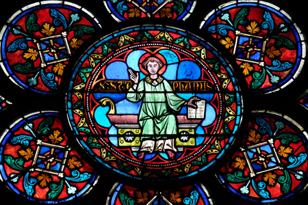 Saint Stephen, stained glass window in the Notre Dame Cathedral, UNESCO World Heritage Site in Paris, Franceのeditorial素材