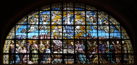 The Assumption of the Virgin by Edouard Amedee Didron, stained glass window in Saint Thomas Aquinas in Paris, Franceのeditorial素材