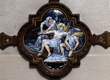 11th Stations of the Cross, Crucifixion: Jesus is nailed to the cross, St Francis Xavier's Church in Paris, Franceのeditorial素材