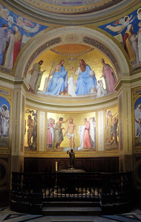 The chapel of Baptism, It is decorated with paintings by Adolphe Roger (1800-1880) in the Notre Dame de Lorette in Paris, Franceのeditorial素材