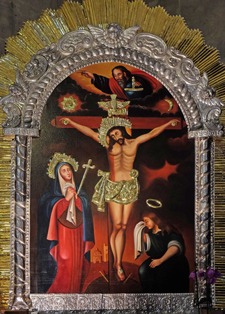 Crucifixion, Virgin Mary under the Cross, altarpiece in the Saint Germain l'Auxerrois church in Paris, Franceのeditorial素材