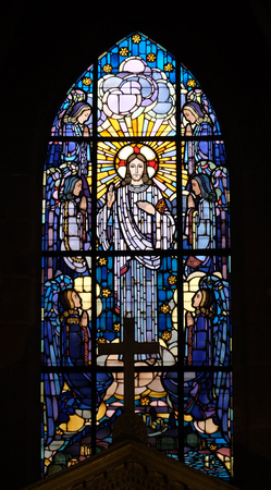 Christ in glory, stained glass windows in the Saint Laurent Church, Paris, Franceのeditorial素材