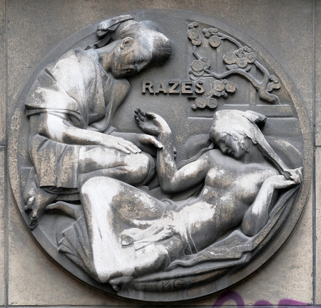 Razi or originally Abu Bakr Muhammad ibn Zechariah al-Razi was a Persian physician, philosopher and polymath who worked in hospitals in Reja and Baghdad. Stone relief at the building of the Faculte de Medicine Parisのeditorial素材