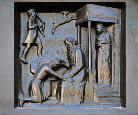 Thou shalt not lie - Jacob lies to his father, relief on the door of the Grossmunster church in Zurich, Switzerlandのeditorial素材