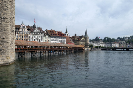 Historic city center of Lucerne with famous Chapel Bridge, the city's symbol and one of the Switzerland's main tourist attractionsのeditorial素材