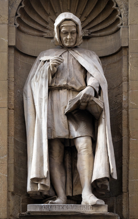 Statue of Giovanni Villani, Italian banker, official, diplomat and chronicler, Loggia del Mercato in Florence, Italyのeditorial素材