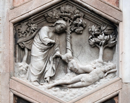 Creation of Eve by Andrea Pisano, 1334-36., Relief on Giotto Campanile of Cattedrale di Santa Maria del Fiore (Cathedral of Saint Mary of the Flower), Florence, Italyのeditorial素材