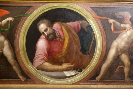 Saint Matthew and Two Angels supporting a curtain, altar from Morelli Chapel in the Basilica di Santa Croce (Basilica of the Holy Cross) in Florence, Italyのeditorial素材