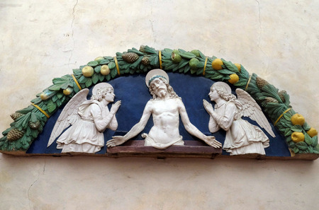 Christ in Pieta with two angels in Adoration, lunette, bas relief by Andrea della Robbia from Medici...