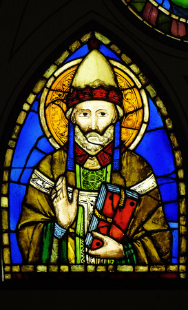 Saint Pope stained glass window by Pacino di Buonaguida (1280â1340) in the Basilica di Santa Croce (Basilica of the Holy Cross) - famous Franciscan church in Florence, Italyのeditorial素材