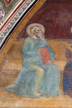 Job, detail of the Triumph of St. Thomas Aquinas, fresco by Andrea di Buonaiuto, Spanish Chapel in Santa Maria Novella Principal Dominican church in Florence, Italyのeditorial素材