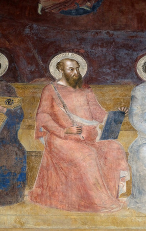 Saint Paul, detail of the Triumph of St. Thomas Aquinas, fresco by Andrea di Buonaiuto, Spanish Chapel in Santa Maria Novella Principal Dominican church in Florence, Italyのeditorial素材