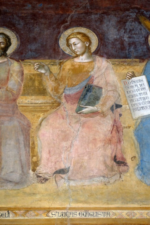 St. Luke Evangelist, detail of the Triumph of St. Thomas Aquinas, fresco by Andrea di Buonaiuto, Spanish Chapel in Santa Maria Novella Principal Dominican church in Florence, Italyのeditorial素材