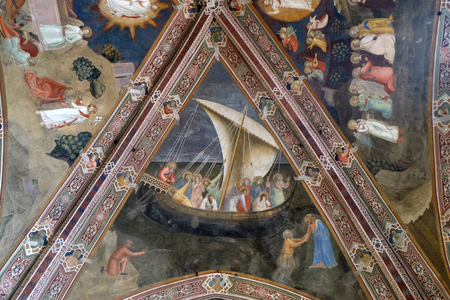 Voyage of Saint Peter, Fresco by Andrea de Buonaiuto, on the ceiling of the Cappellone degli Spagnoli in Santa Maria Novella Principal Dominican church in Florence, Italyのeditorial素材