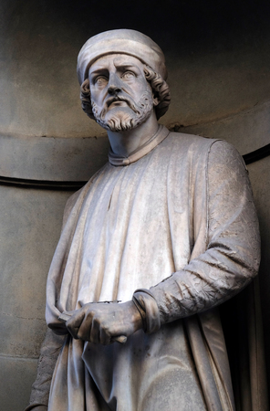 Donatello, statue in the Niches of the Uffizi Colonnade. The first half of the 19th Century they were occupied by 28 statues of famous people in Florence, Italyのeditorial素材