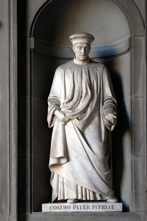 Cosimo Pater Patriae, statue in the Niches of the Uffizi Colonnade. The first half of the 19th Century they were occupied by 28 statues of famous people in Florence, Italyのeditorial素材